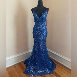 La Femme Royal Blue Sequin Mermaid Gown with Spaghetti Straps
